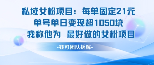 私域女粉项目：每单固定21块，单日变现超1k+，最好做的女粉项目网赚库-项目库-轻创网-中创网-福缘网-冒泡网-资源之家-AI光年冉冉网赚资源